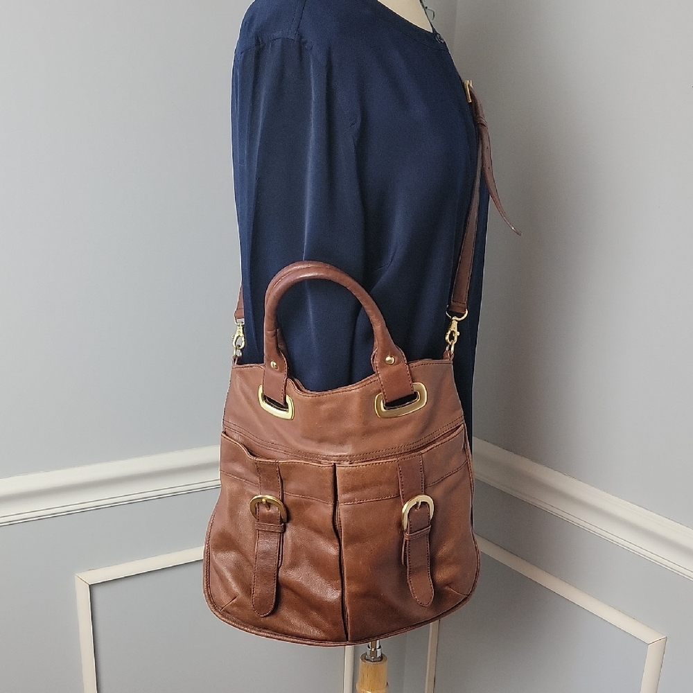 Talbots Brown Leather Gold Tone Hardware Double Handle Tote Crossbody Bag VTG‎